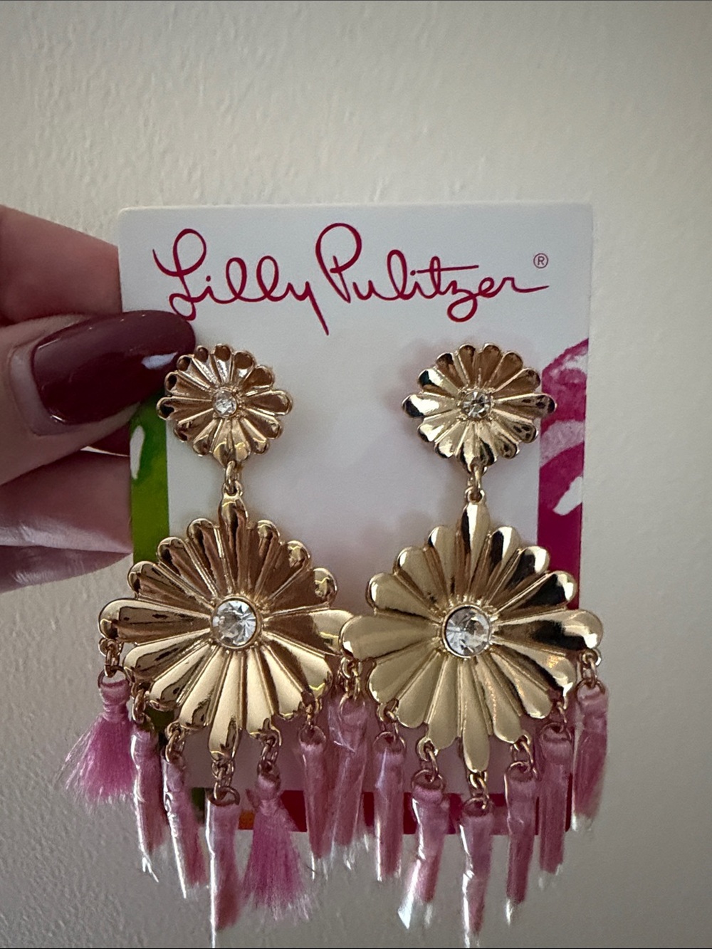 Lilly Pulitzer Gold Floral Crystal Drop Earrings with Pink Tassels